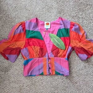 Farm Rio Mixed Geometric Print Puff Sleeve Crop Top NWT Linen Blend